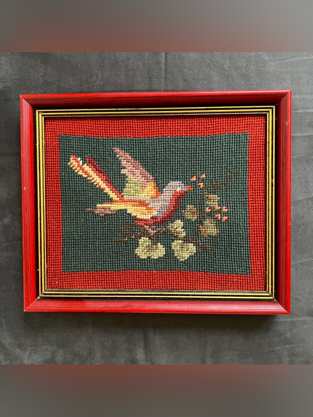 Vintage Framed Bird Needlepoint Wall Art Mid Century Red Wood Frame 8x10"